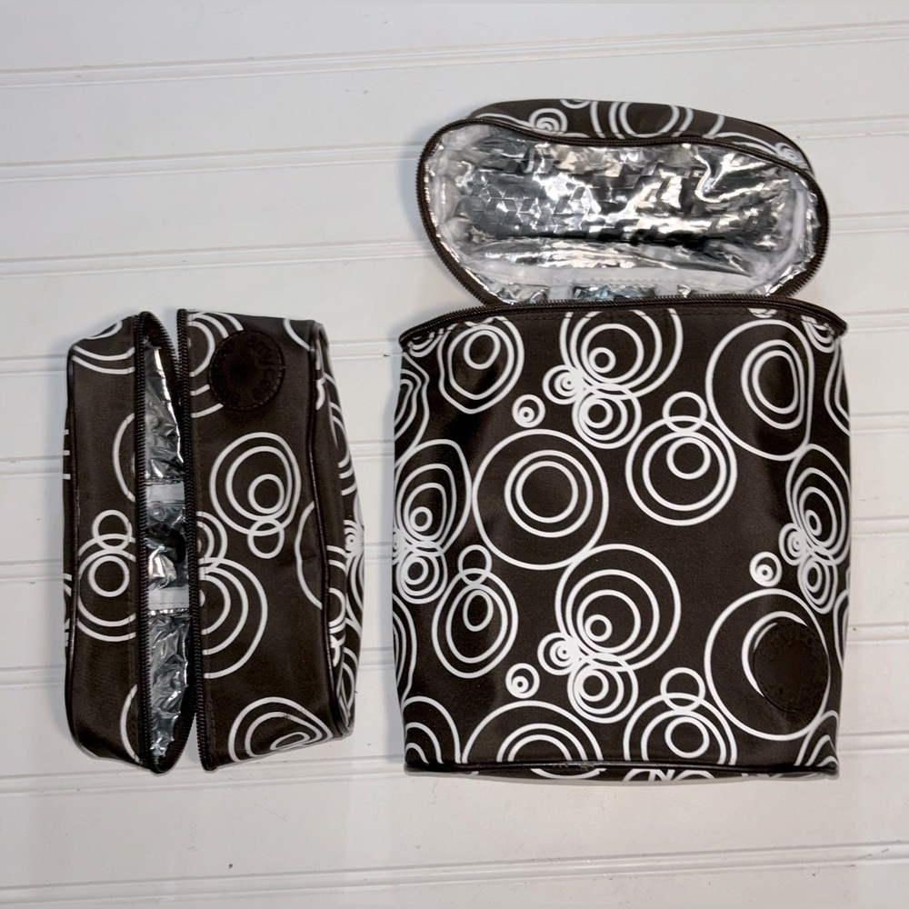 Amy Coe Lunch Tote 2 Pc Inside Mesh Pocket & Elastic Straps Dark Brown & White